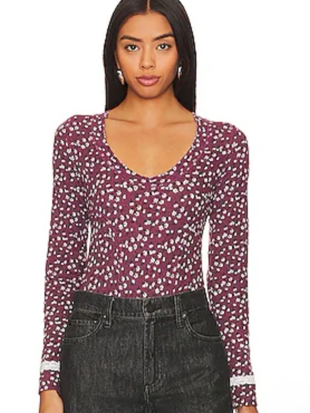 INTIMATELY FREE PEOPLE Sugar Dreams Floral Knit Thermal Bodysuit in Wine/Combo
